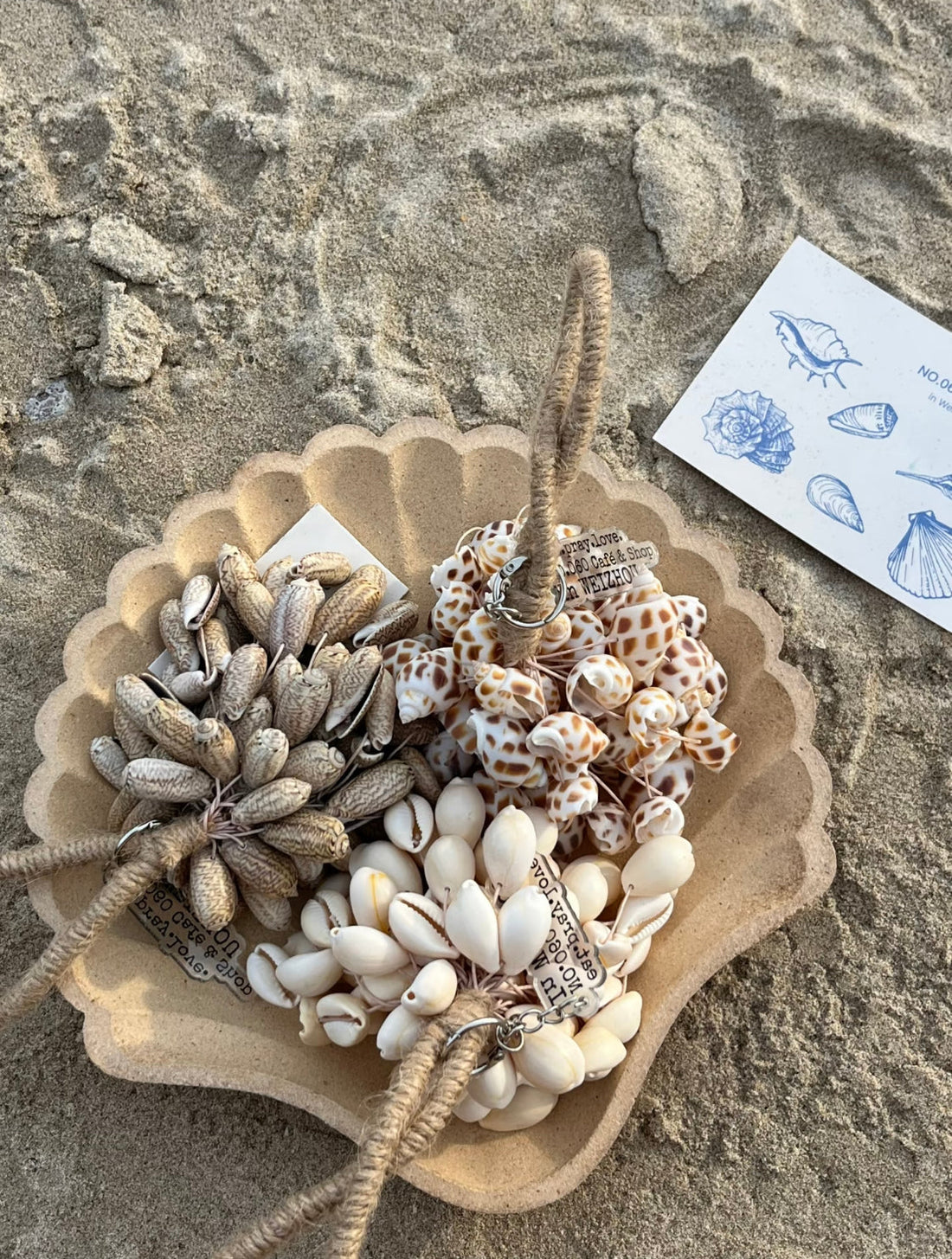 Handmade shell earrings displayed in a scallop-shaped tray on sandy beach, featuring cowrie shells and natural rope details