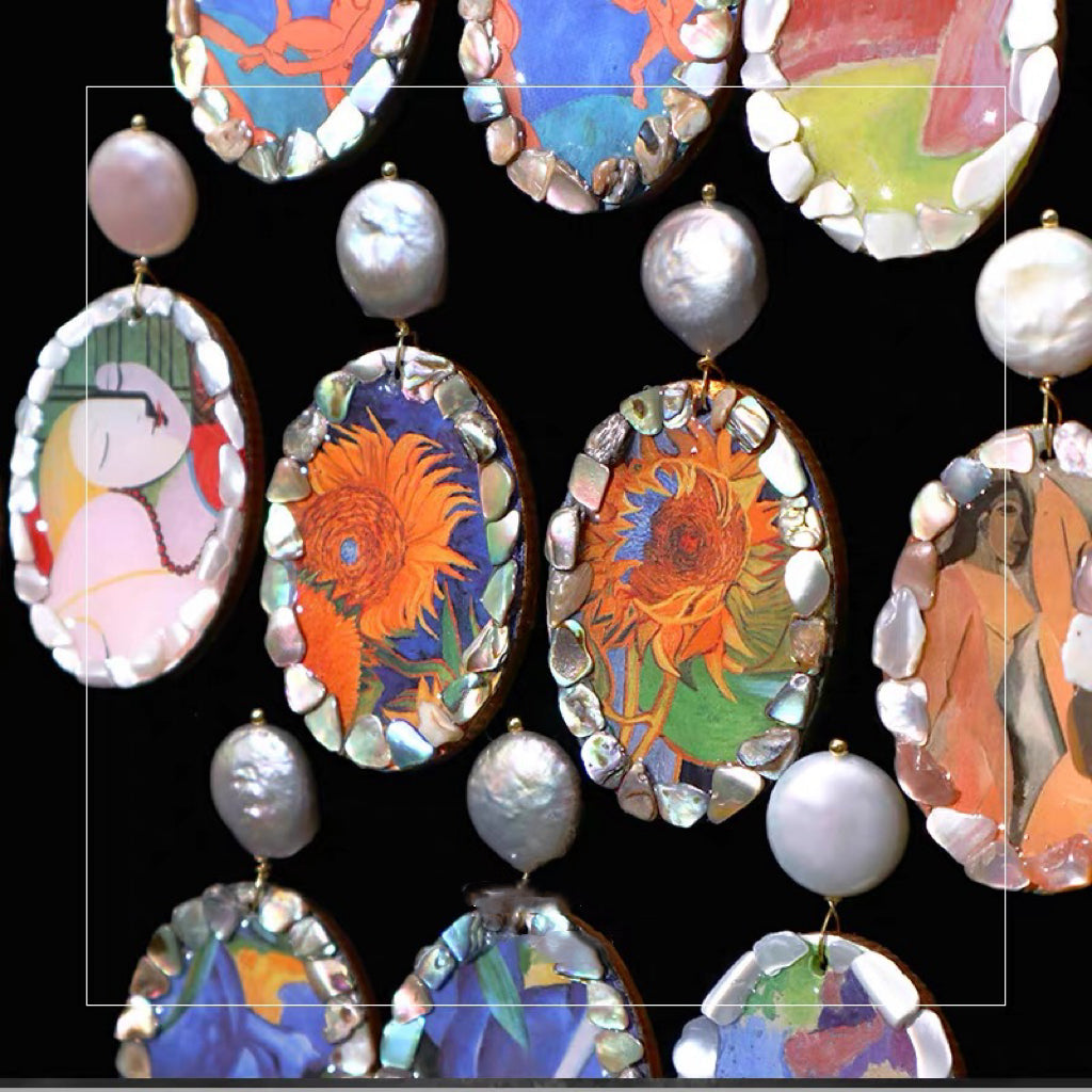 Handmade art-inspired oval drop earrings featuring Van Gogh sunflower and classic painting prints, bordered with abalone shell mosaic and paired with baroque freshwater pearl drops on black background