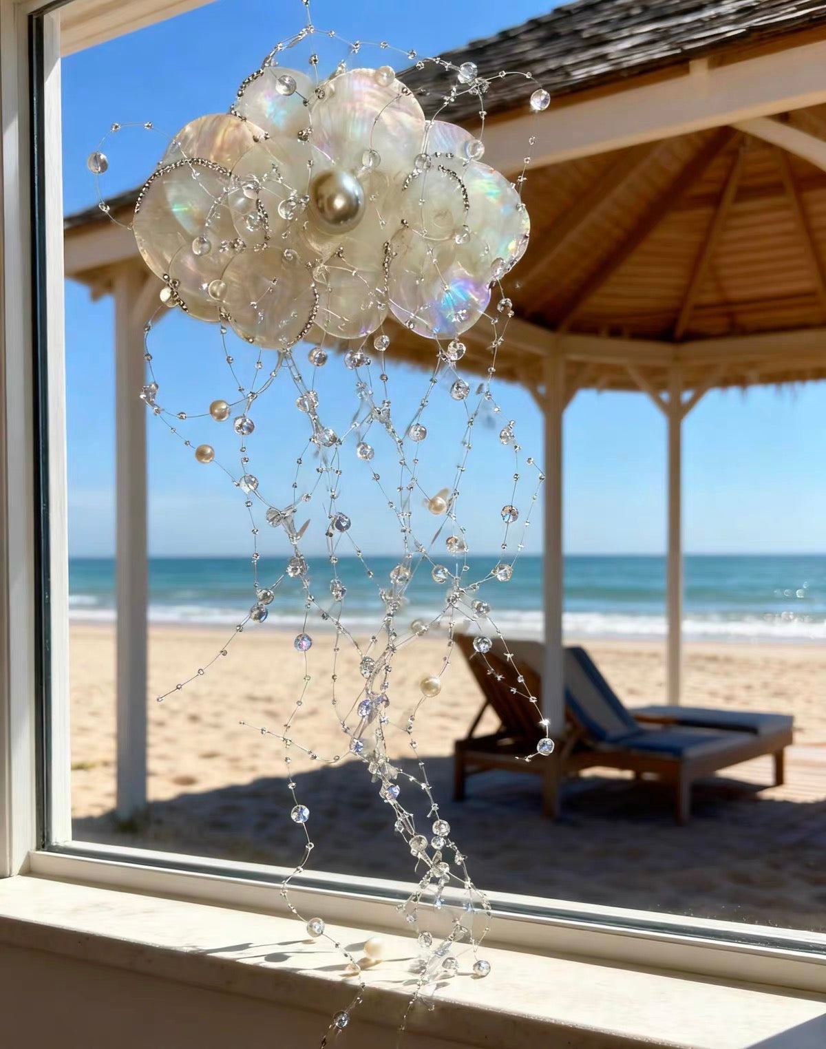 Handmade iridescent shell and crystal bead wind chime hanging on a window with a sunny beach and gazebo view in the background