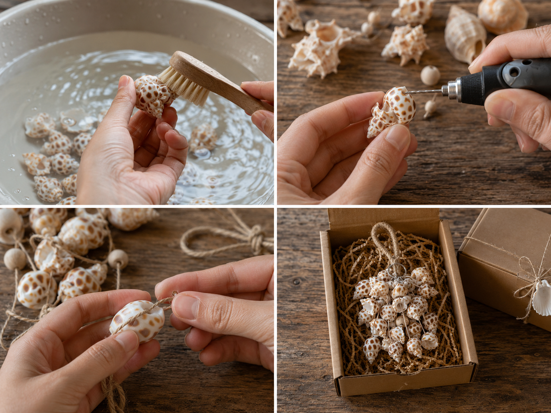 Four-step handmade shell craft process: washing spotted shells with a brush, drilling holes with a rotary tool, threading shells onto jute twine, and finished shell cluster packaged in a kraft gift box