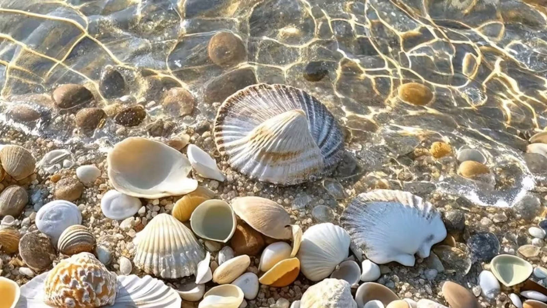 Beautiful natural seashells on beach sand with soft sunlight