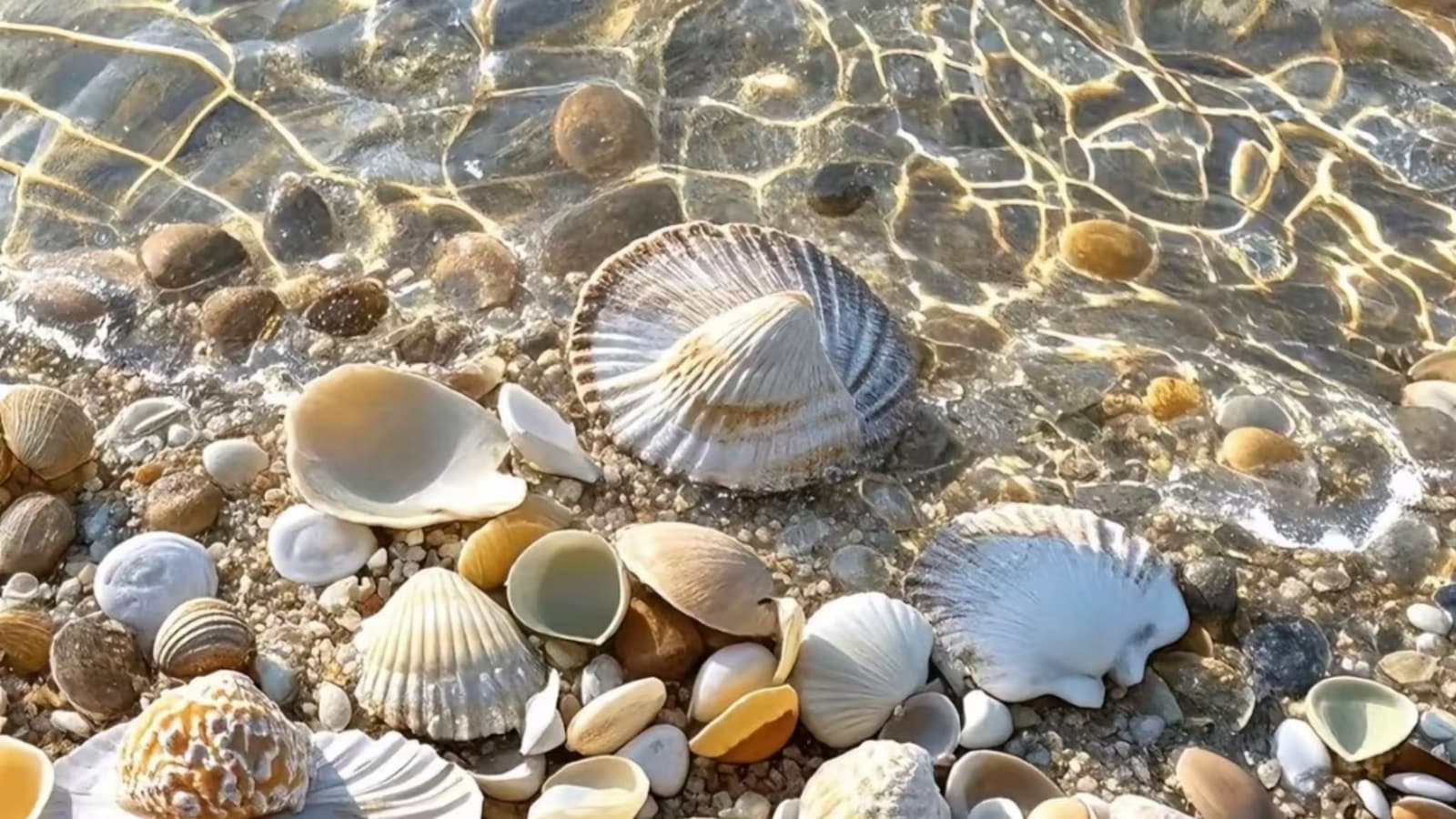 Beautiful natural seashells on beach sand with soft sunlight