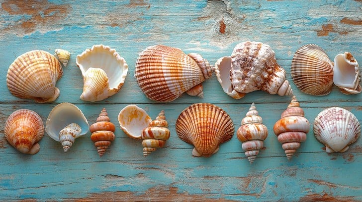 Various seashells and spiral shells arranged on a rustic turquoise wooden surface