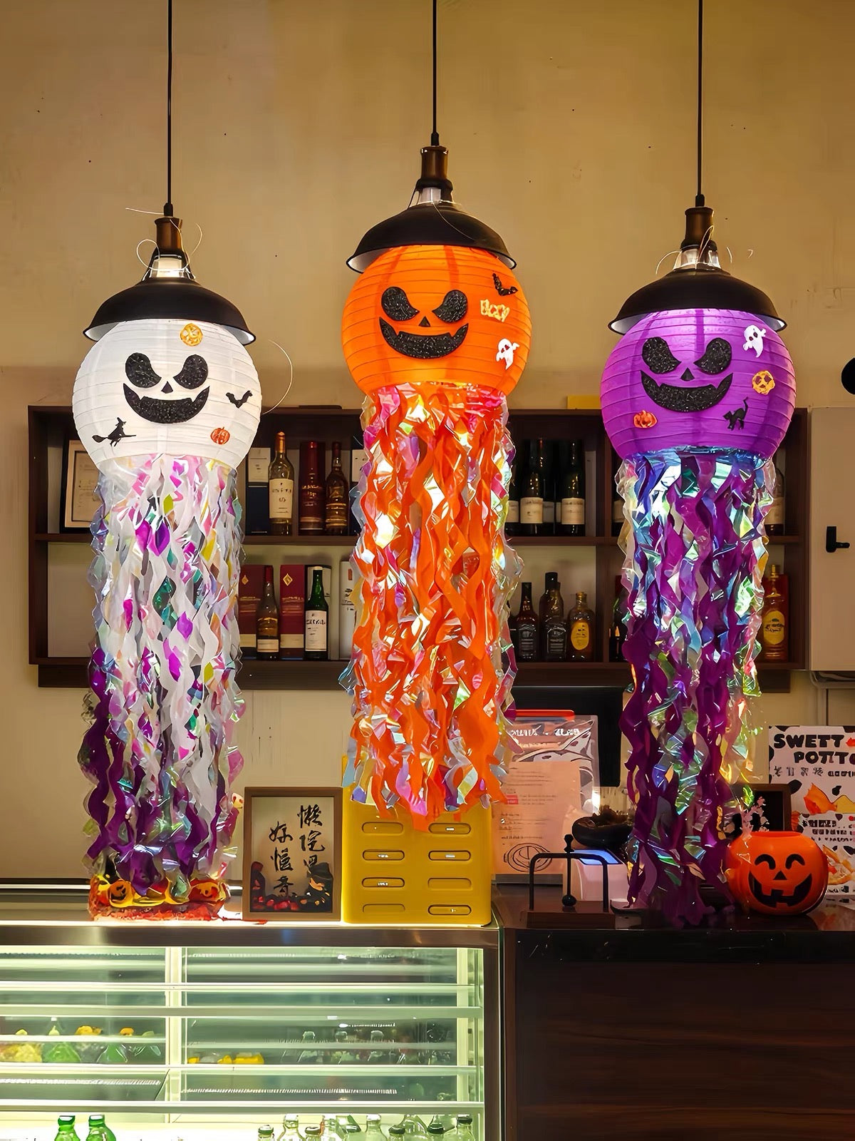 Halloween Pumpkin Ghost Hanging Lantern Set, 3-Piece Decor