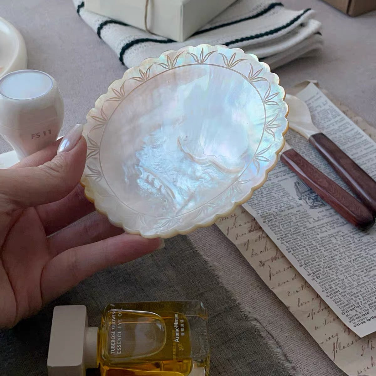 Golden Shell Glow Handcrafted Ruffled Mother-of-Pearl Tray
