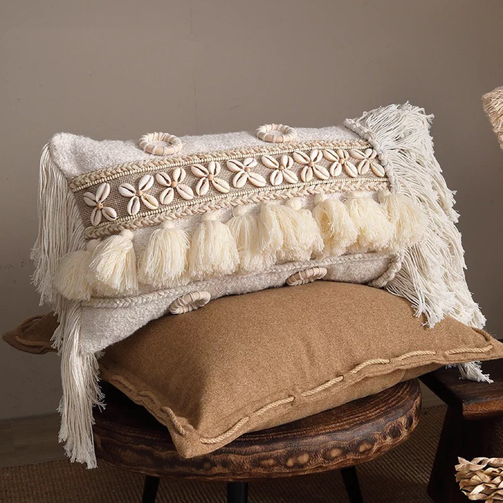 Coastal Shell Tassel Lumbar Pillow | Boho Wabi-Sabi Cushion Cover