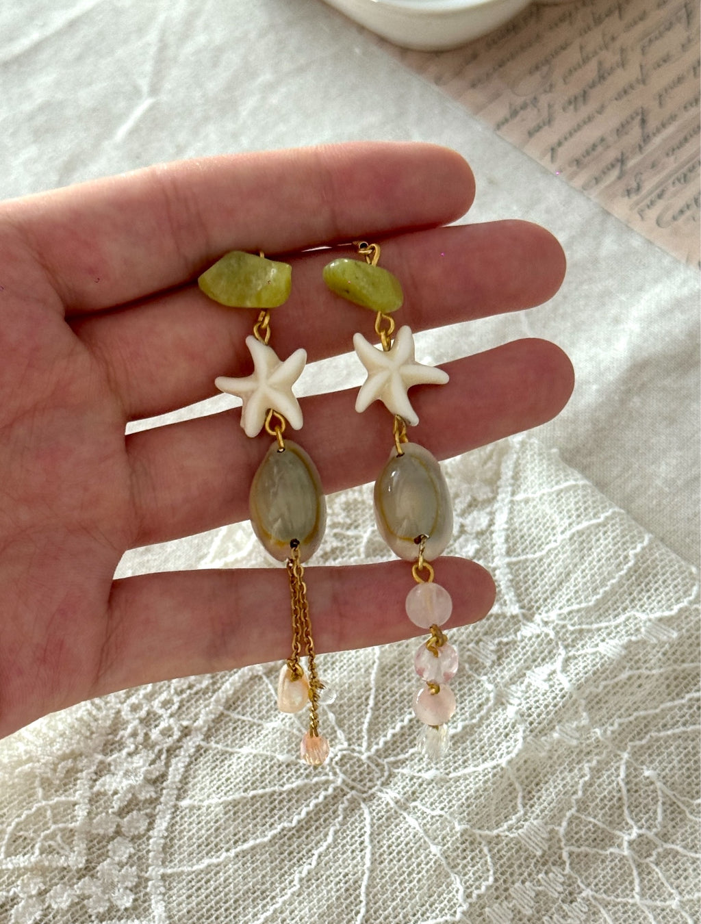 Pistachio Breeze Handmade Shell Drop Earrings