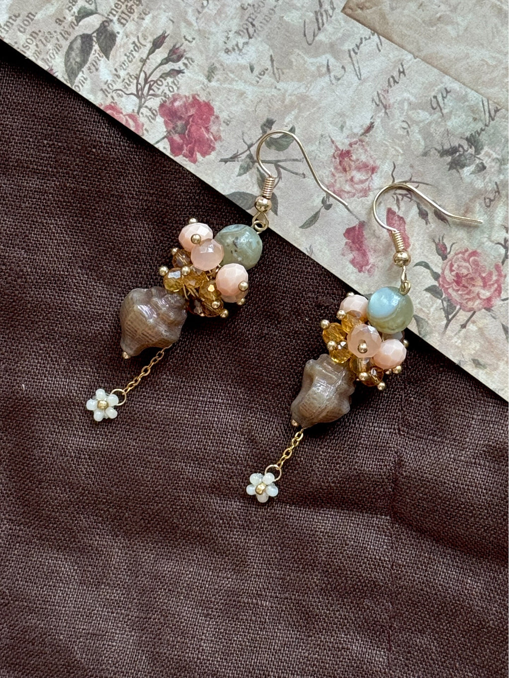 Misty Camellia Vintage Conch Shell Handmade Earrings