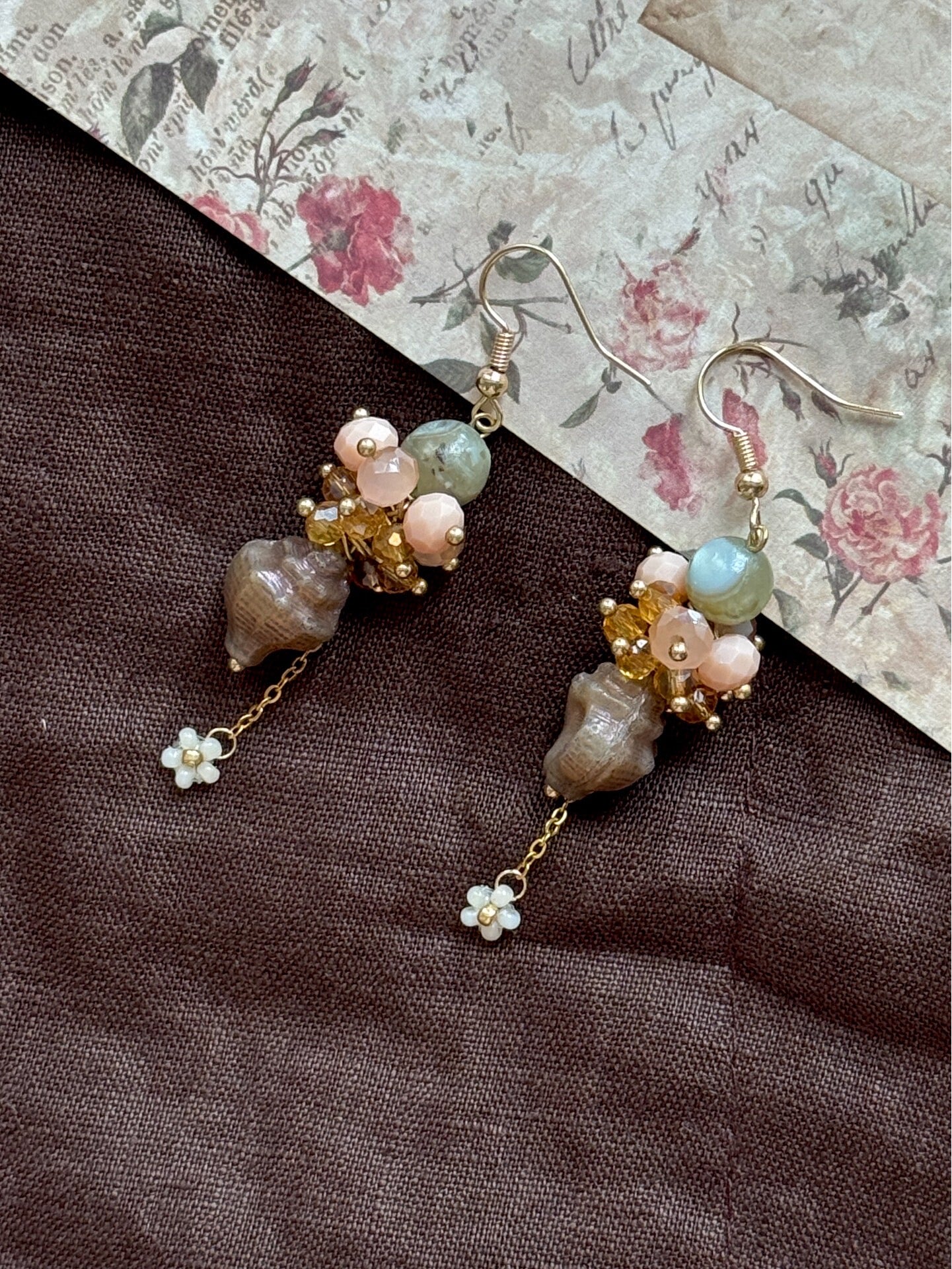 Misty Camellia Vintage Conch Shell Handmade Earrings