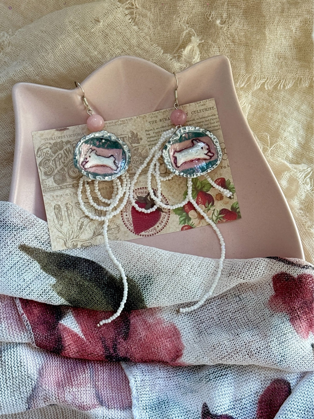 Wonderland Rabbit Hand-Painted 3D Shell Statement Earrings
