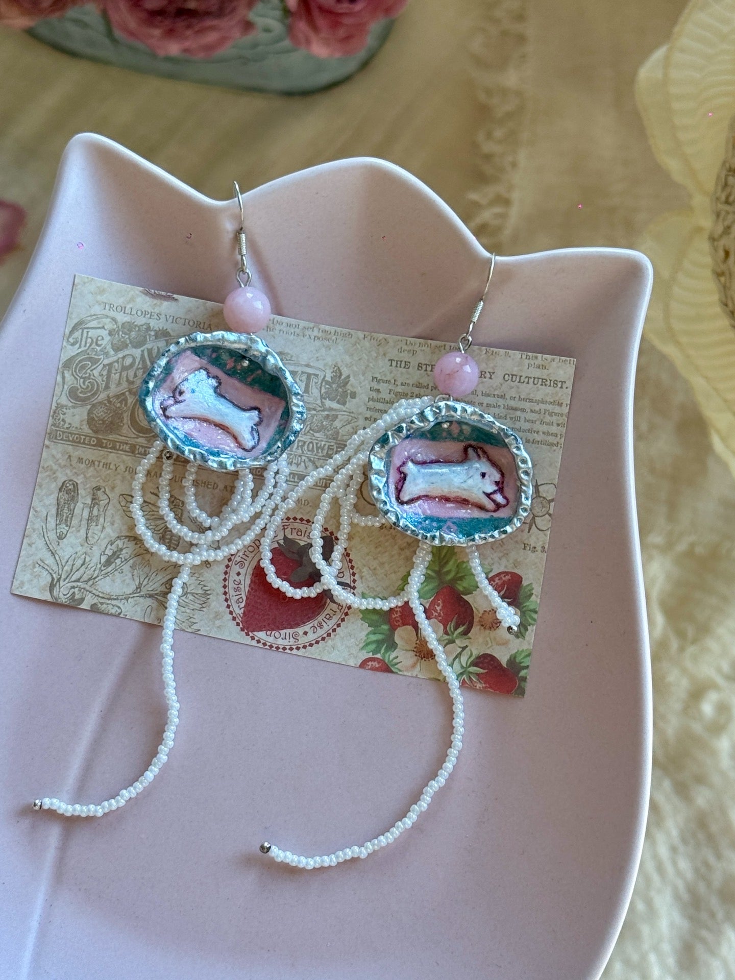 Wonderland Rabbit Hand-Painted 3D Shell Statement Earrings