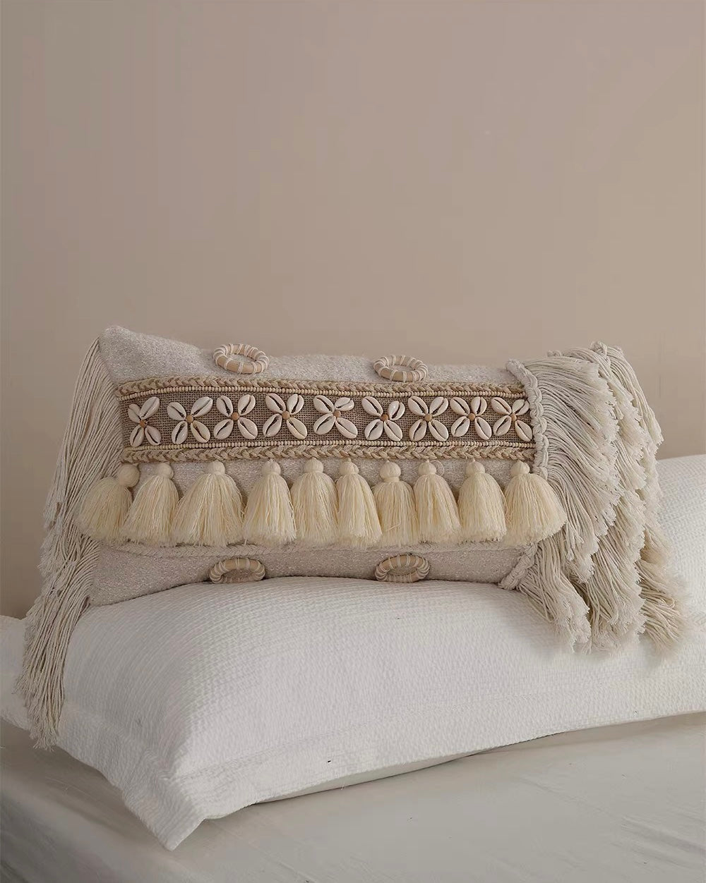 Coastal Shell Tassel Lumbar Pillow | Boho Wabi-Sabi Cushion Cover