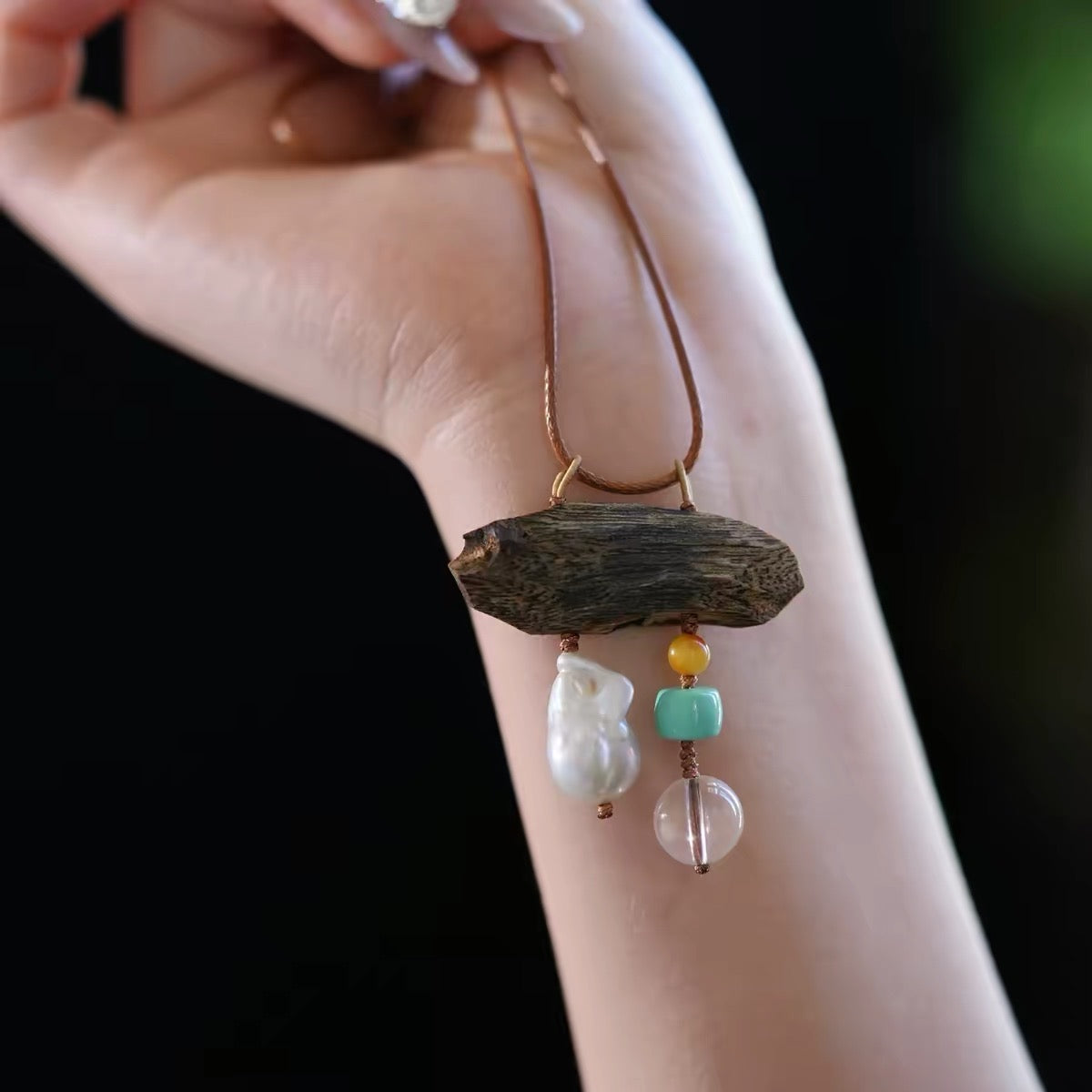 Woodland Poise Agarwood Pearl Crystal Necklace