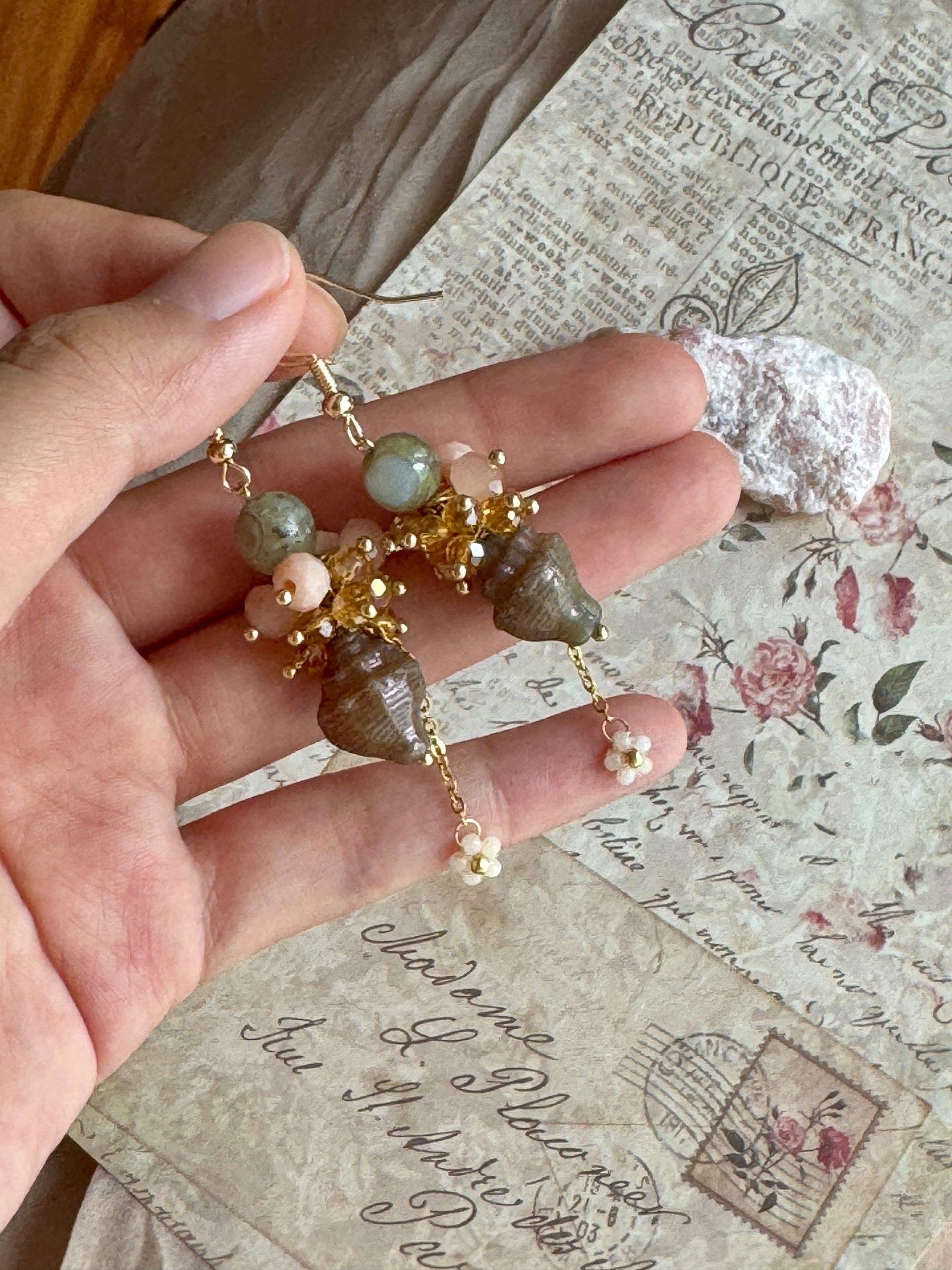 Misty Camellia Vintage Conch Shell Handmade Earrings