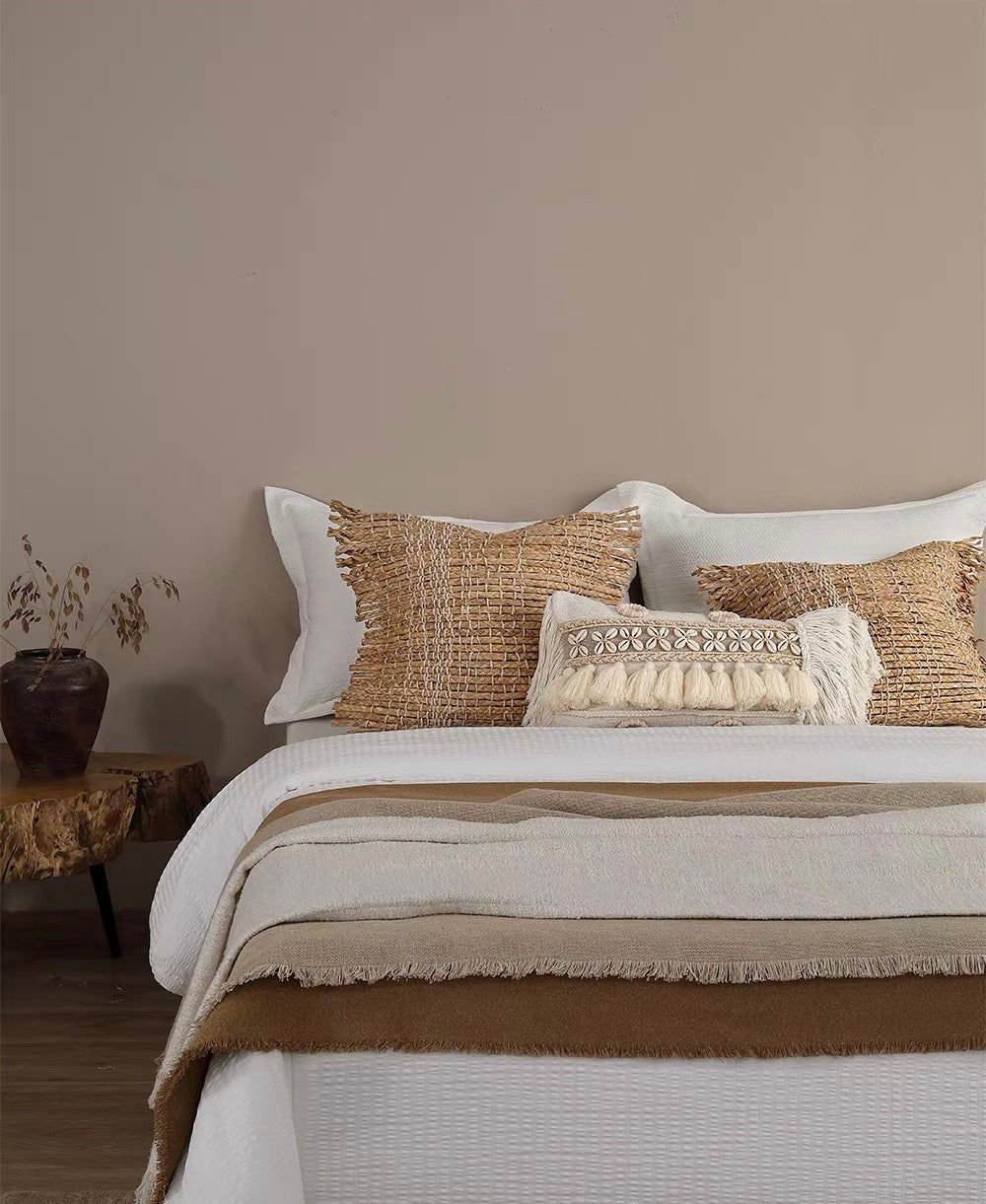 Coastal Shell Tassel Lumbar Pillow | Boho Wabi-Sabi Cushion Cover