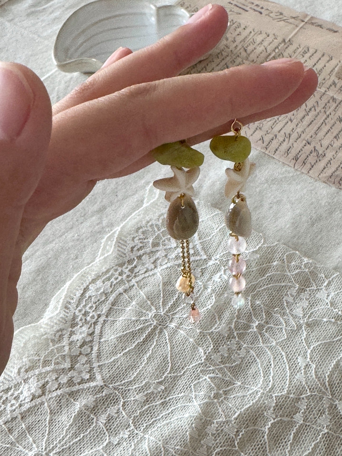 Pistachio Breeze Handmade Shell Drop Earrings