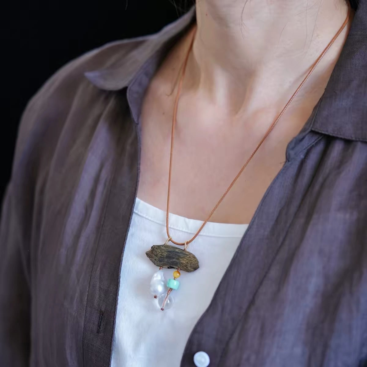Woodland Poise Agarwood Pearl Crystal Necklace