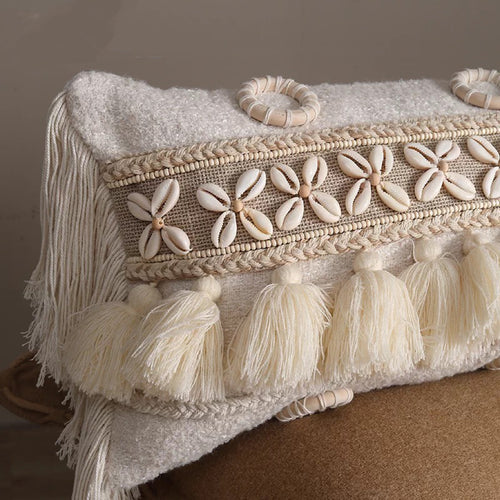 Coastal Shell Tassel Lumbar Pillow | Boho Wabi-Sabi Cushion Cover