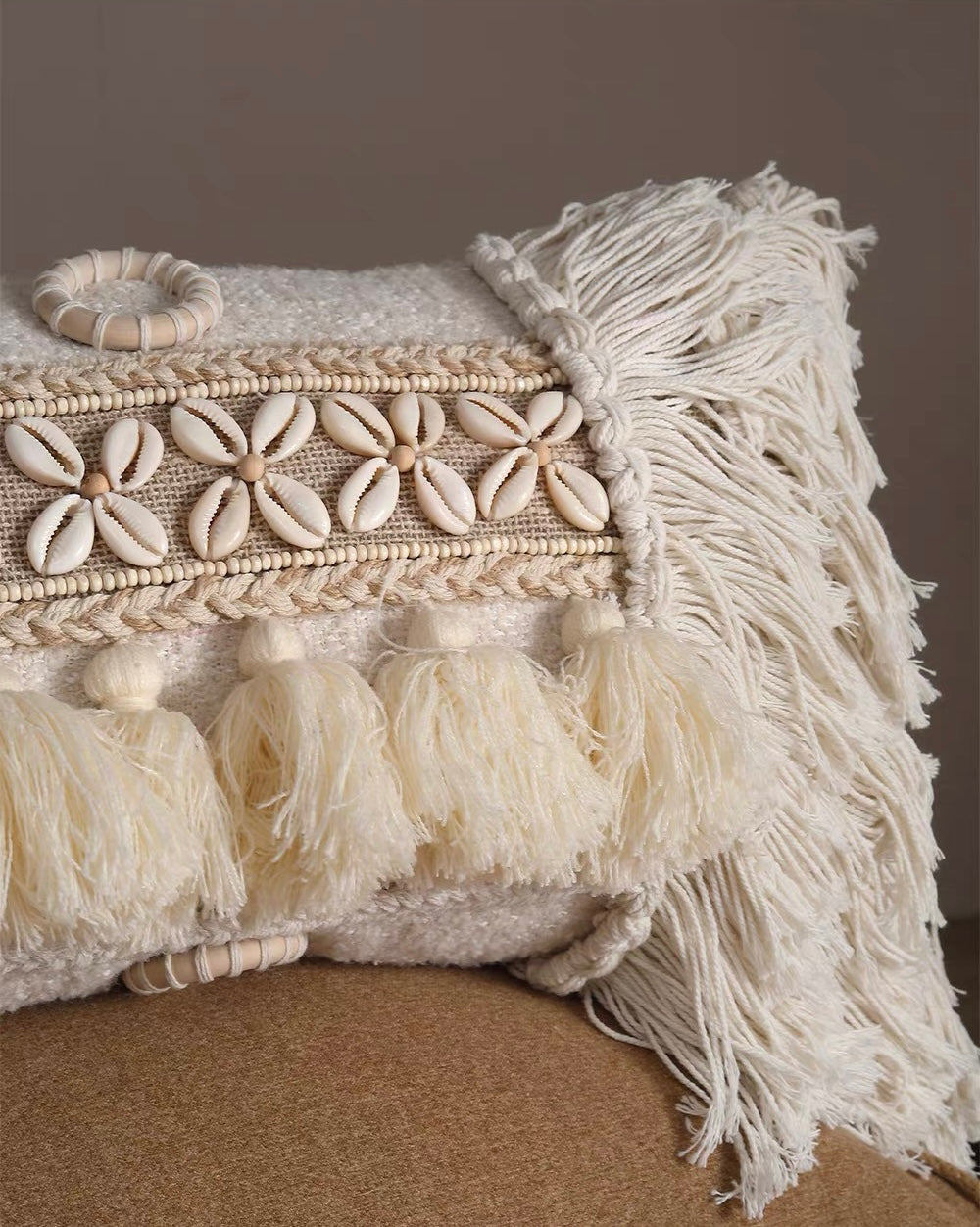 Coastal Shell Tassel Lumbar Pillow | Boho Wabi-Sabi Cushion Cover