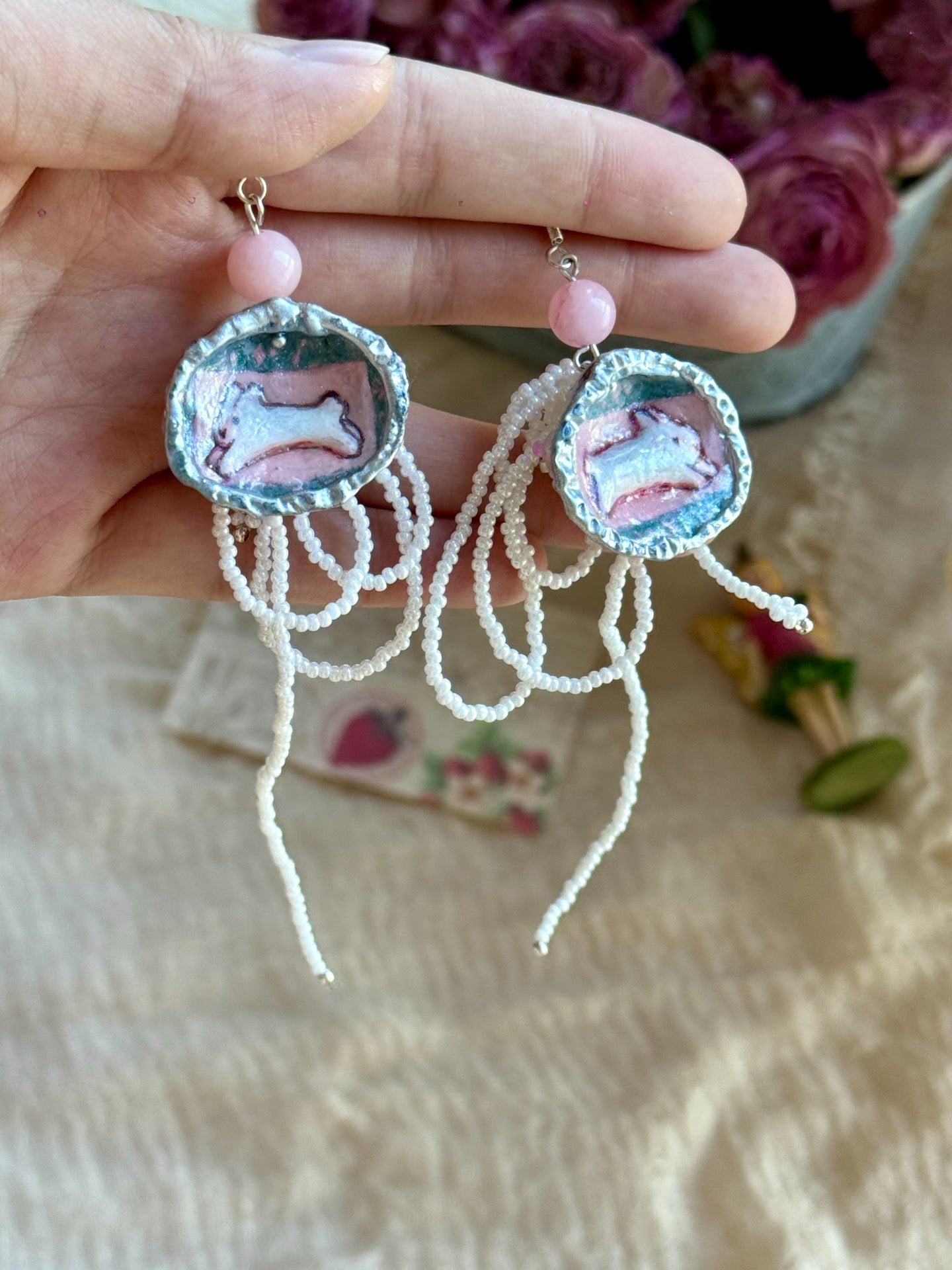 Wonderland Rabbit Hand-Painted 3D Shell Statement Earrings