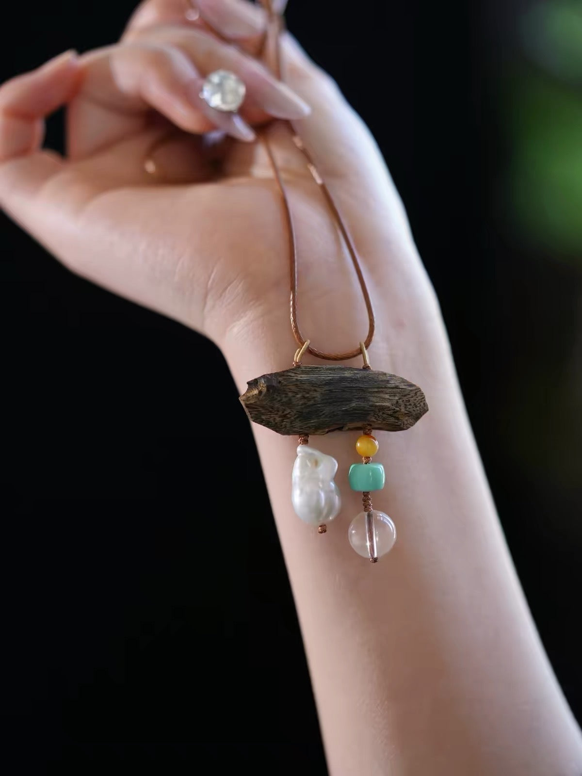 Woodland Poise Agarwood Pearl Crystal Necklace