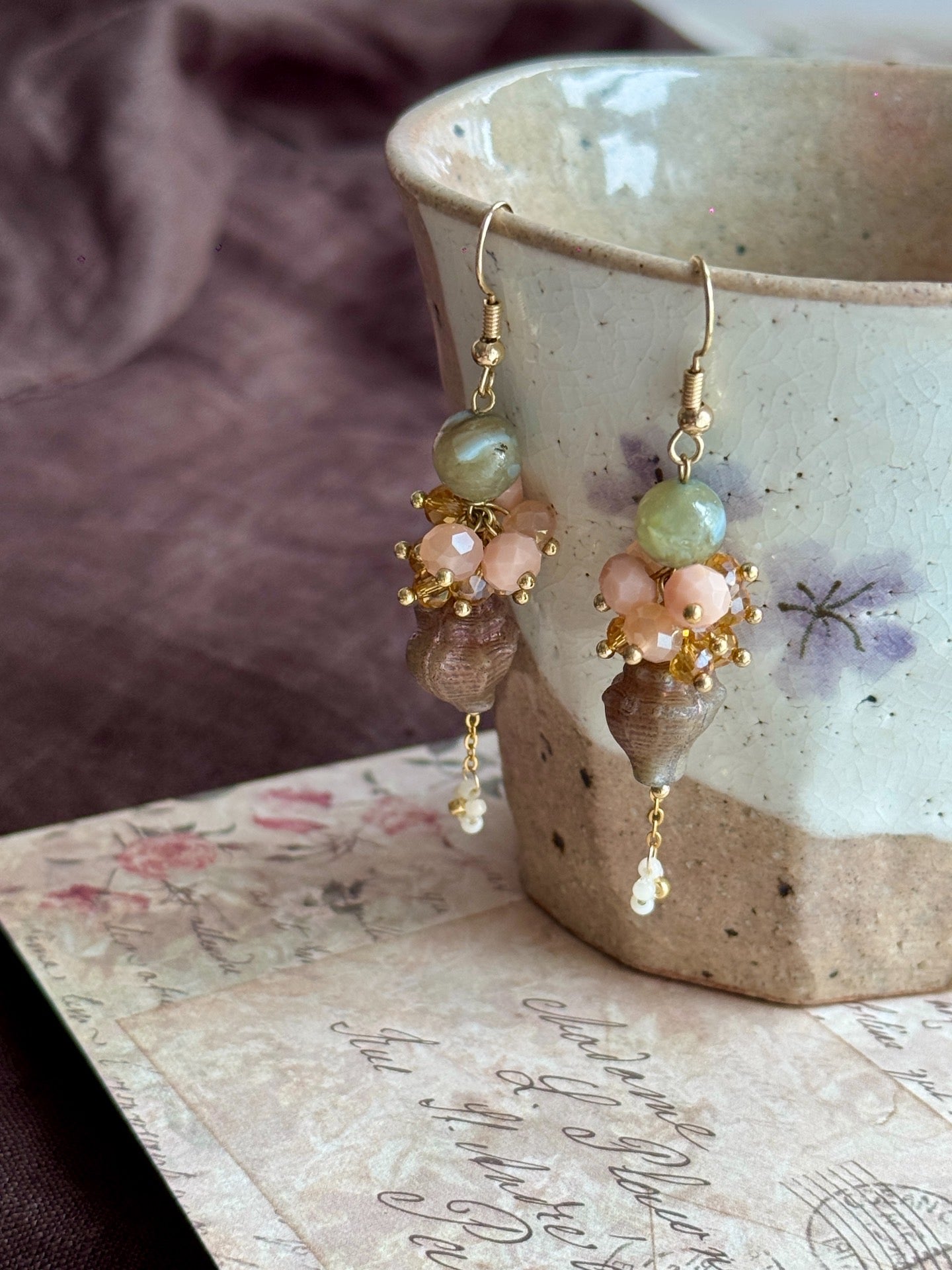 Misty Camellia Vintage Conch Shell Handmade Earrings
