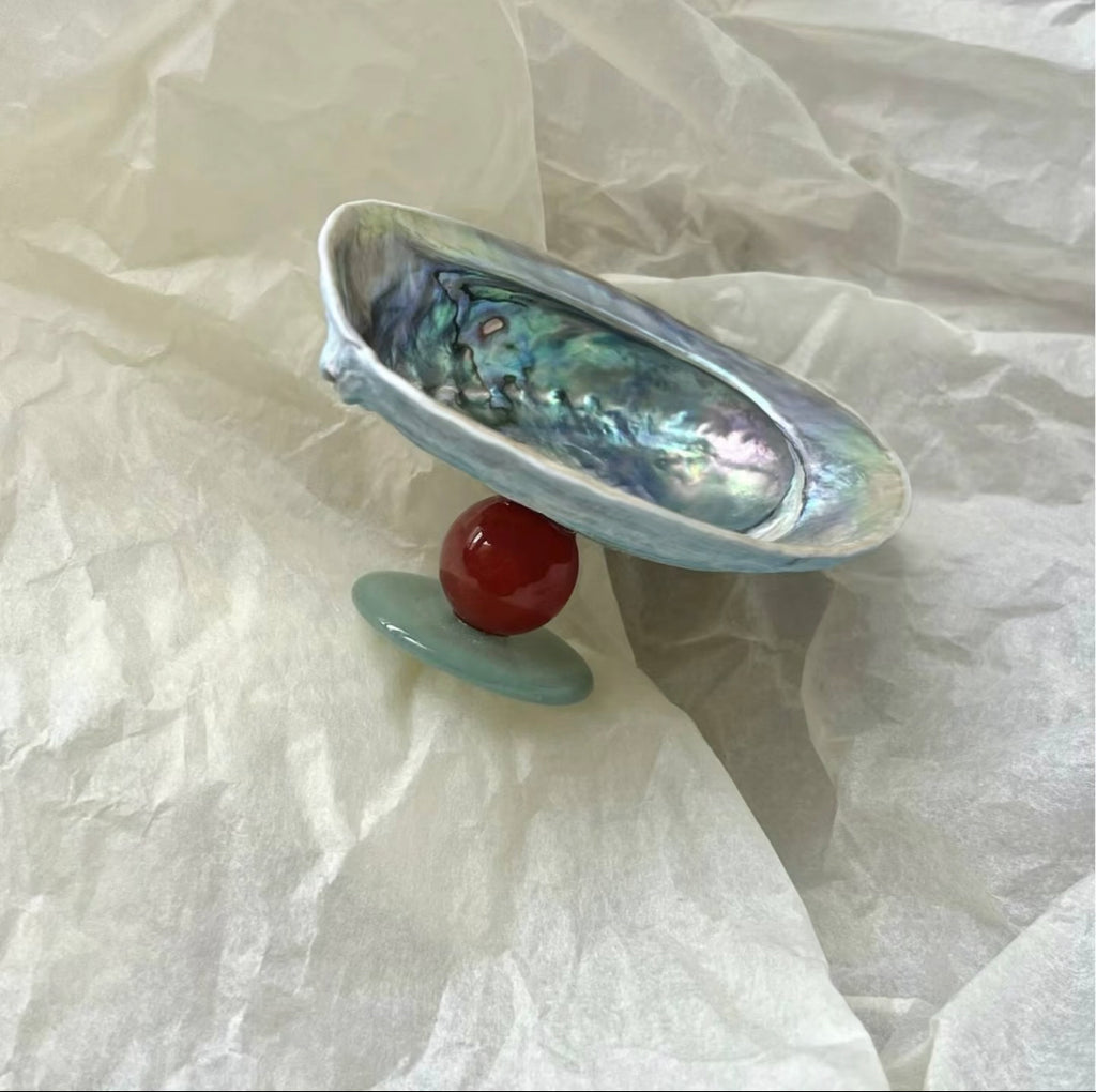 AzureNacre Floating Cup – Handcrafted Blue Abalone Shell & Crystal Ball Tray